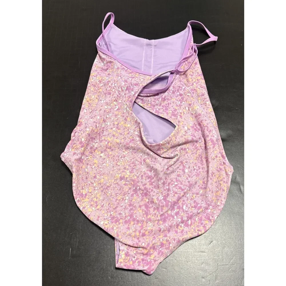 Athleta Girl One-Piece Swimsuit Pink Lavender Splatter Speckled Open Back XL 14